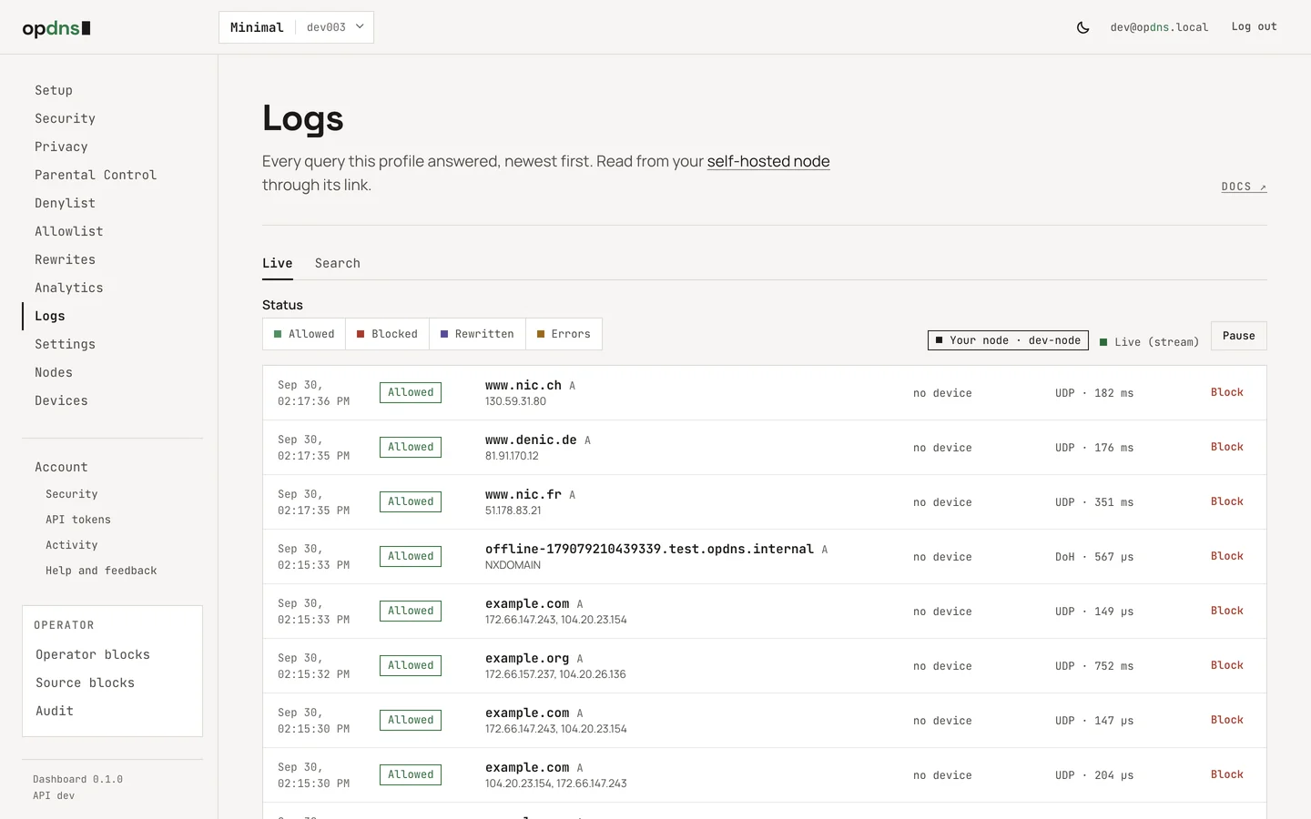 The Logs page in Live mode for a profile whose logs go to a self-hosted node: allowed queries with time, name, answer, device, transport and latency, a Block action per row, the Your node source badge and the Live (stream) indicator.