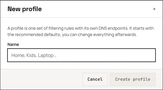 The dashboard's New profile dialog with a Name field and the Cancel and Create profile buttons.