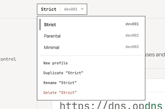 The dashboard's profile switcher open, listing three profiles with their ids and the New profile, Duplicate, Rename and Delete actions.
