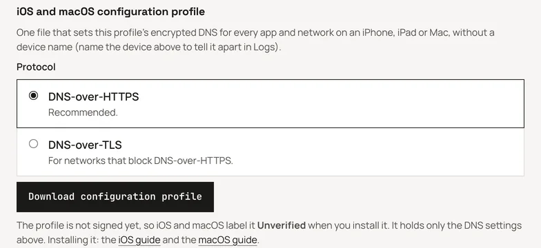 The Setup page's iOS and macOS configuration profile block with the protocol choice and the Download configuration profile button.